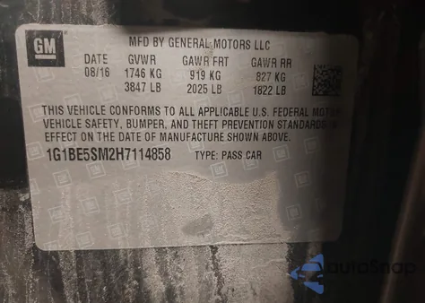 2017 Chevrolet Cruze Lt Auto из США, поврежденный, VIN 1G1BE5SM2H7114858